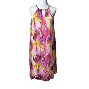 Womens Size PS Tropical Sleeveless Halter High Low Dress With Chain Neckline